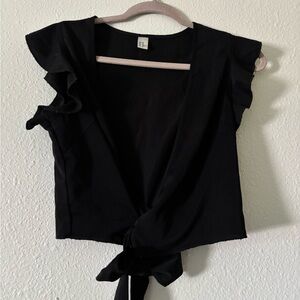 Black Wrap Blouse with Tie Front & Flutter Sleeves | Size XS